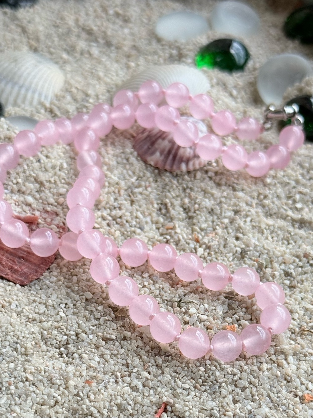 LUXURY + Pink jade knotted Beaded Necklace